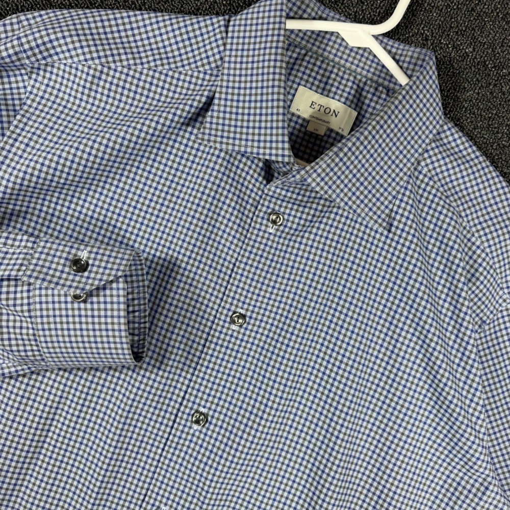 Eton Contemporary Fit Dress Shirt Mens XXL 17.75 Blue Grey Micro Check Cotton